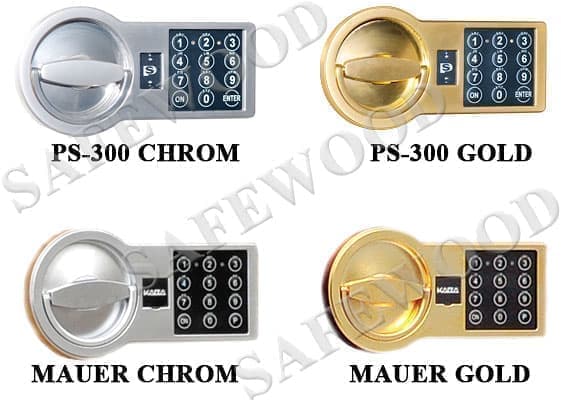 Вы можете выбрать электронный замок сейфа SafeWood: PS-300 или Mauer (Германия), а так же тип кодовой панели: Chrome или Gold (покрытие золотом 24 карата)