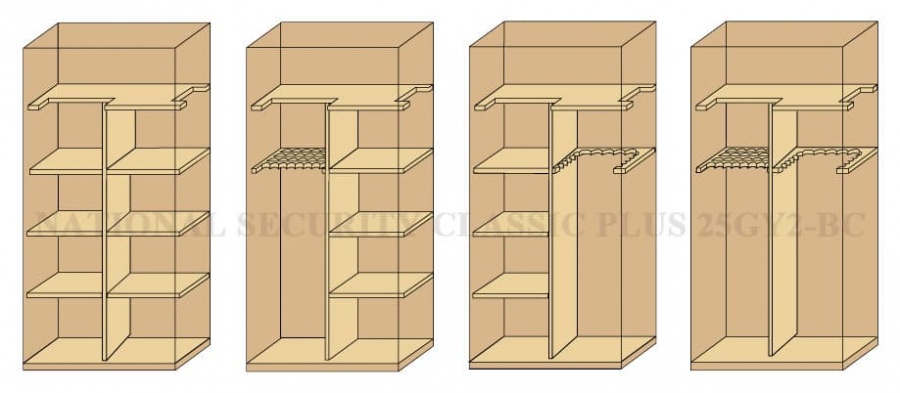 Система переставных полок и ложементов-дает возможность моделировать внутреннее пространство Вашего сейфа так, как удобно Вам. Вот только некоторые примеры: